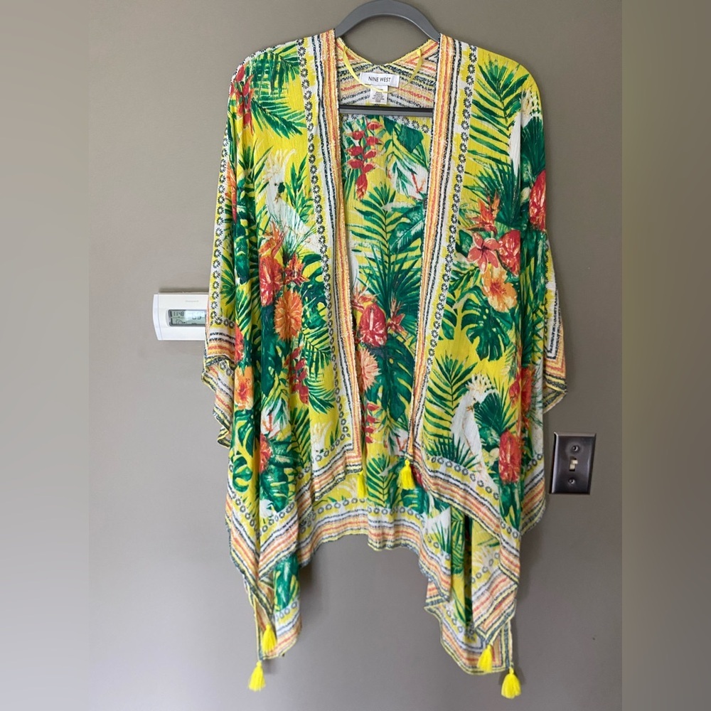 NINE WEST Bright Colorful Metallic Boho Floral Kimono Coverup With Tassles Sz OS
